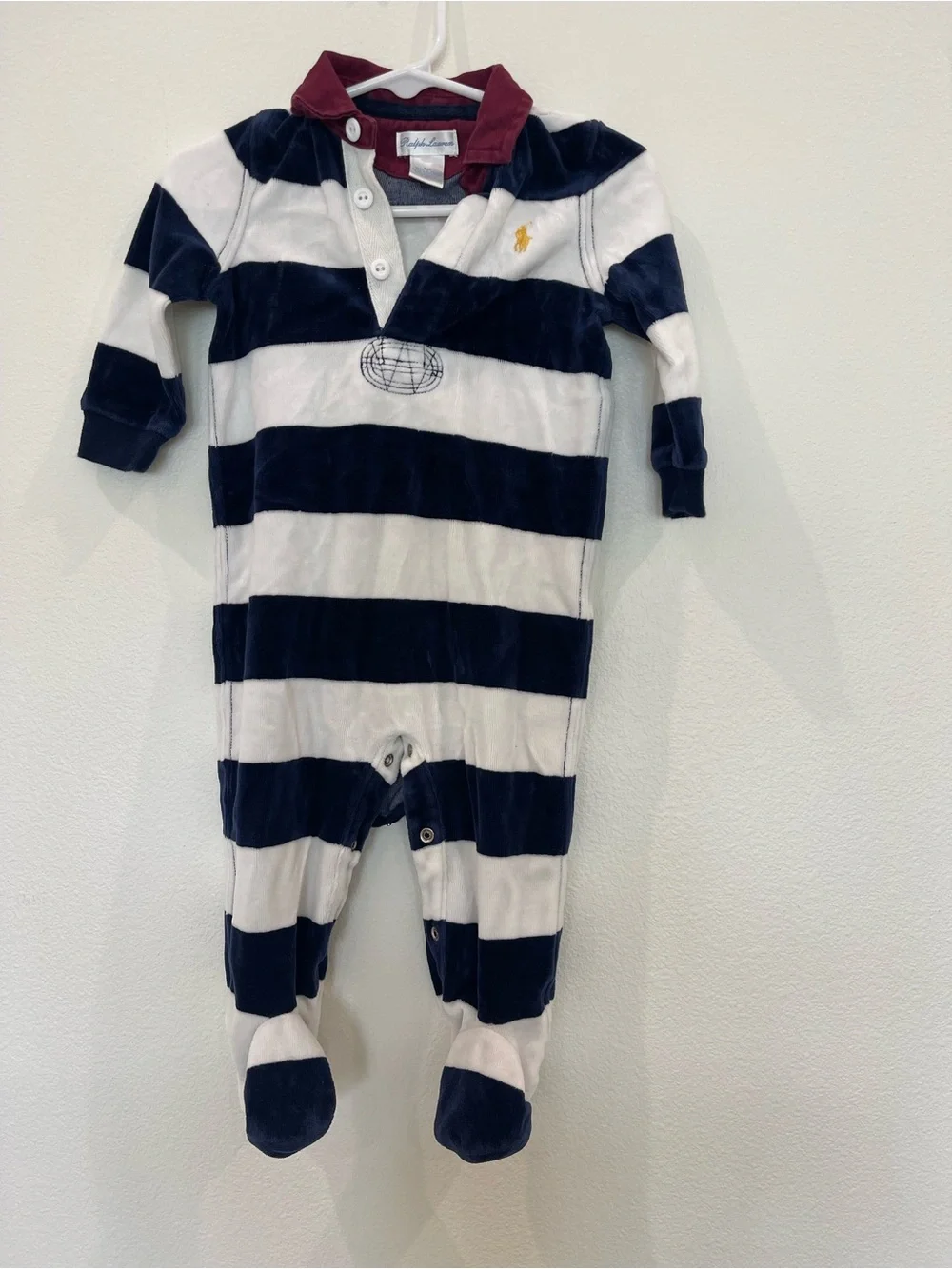 Ralph Lauren Navy and White Striped Footed One-Piece with Burgundy Collar